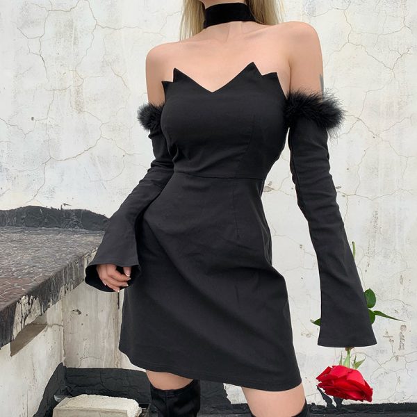 Black Off Shoulder Fur Dress Tube Top Dress