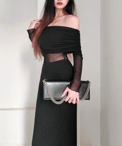 Off-shoulder Pleated Long Sleeve Dress